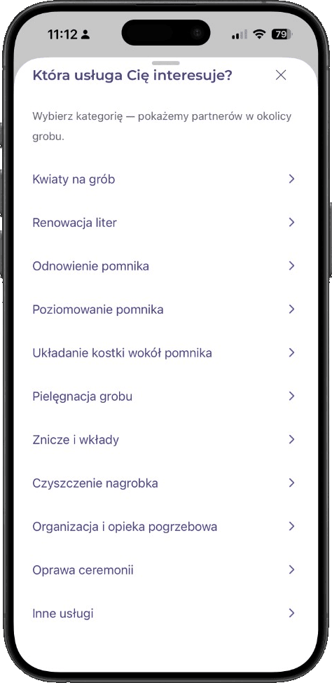 Wybór kategorii usług przy grobie w aplikacji mobilnej W Sercach - ekran iPhone