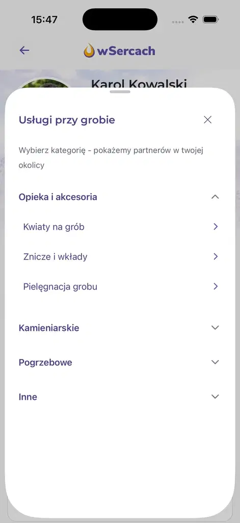 Wybór kategorii usług przy grobie w aplikacji mobilnej W Sercach - ekran iPhone