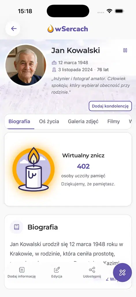 Profil wspomnienia udostępniony bliskim