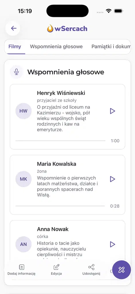 Wspomnienia zapisane słowami w profilu pamięci