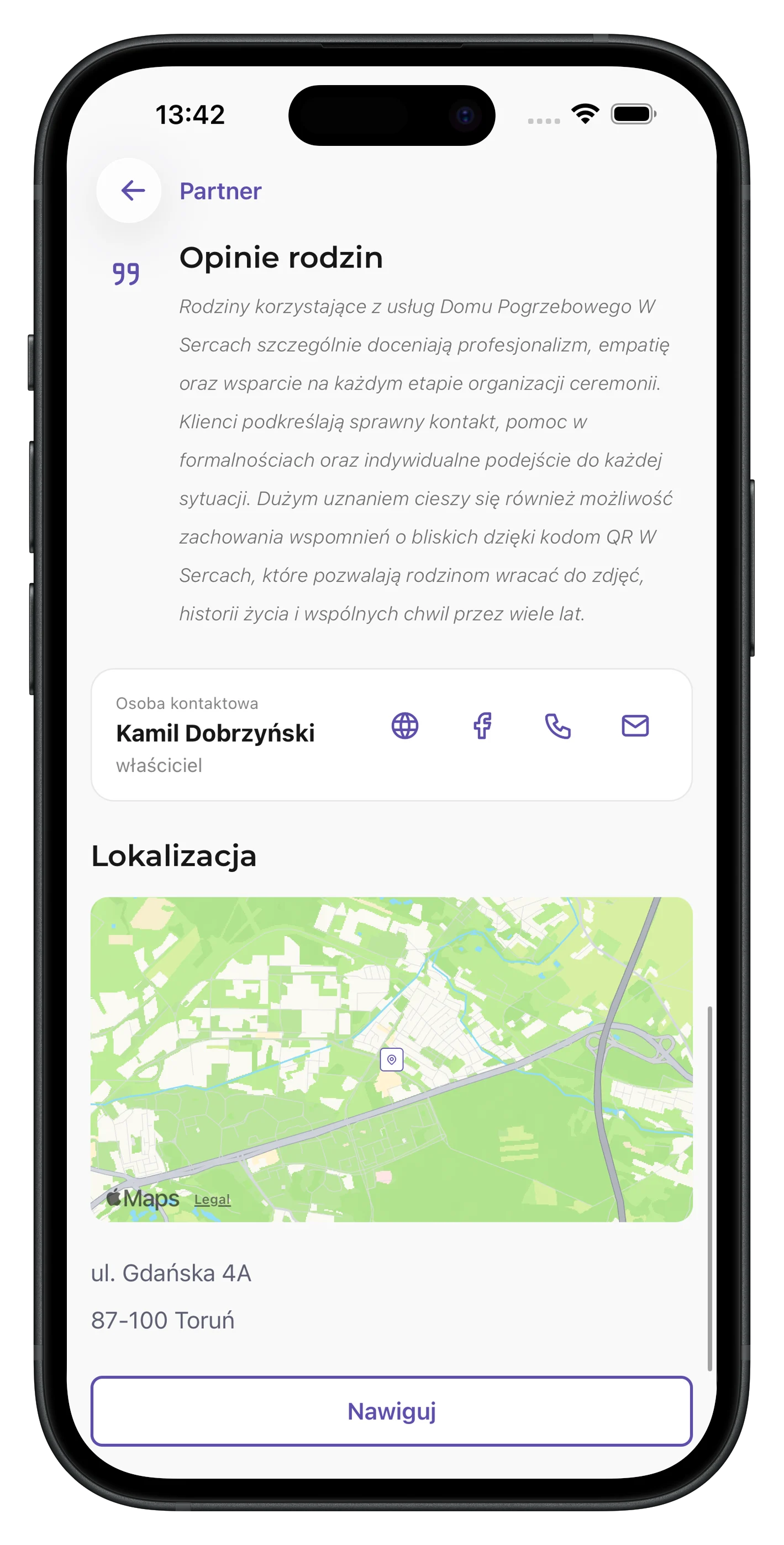 Lokalizacja i opinie partnera w aplikacji mobilnej W Sercach
